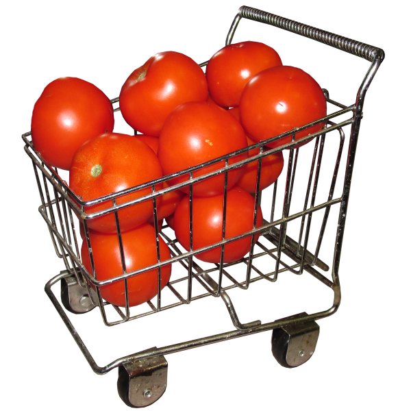 Illustration représentant un chariot de supermarché rempli de tomates